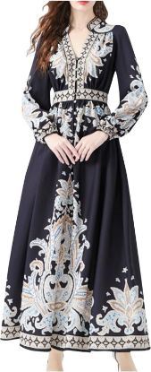 Picture of Women's Casual V Neck Dress Puff Long Sleeve High Boho Dress Palace Style Flowy Hem Fall Dress SIZE SMALL