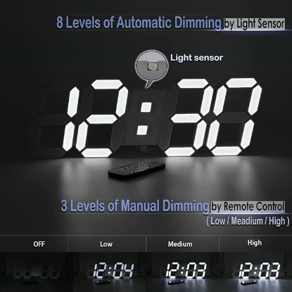 Picture of KOSUMOSU Digital Wall Clock 15" 3D LED Wall Clock Light Alarm Clock for Bedroom Living Room Decor,Modern Aesthetic Large Clock with Remote Control (White Light)
