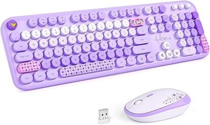 Picture of MOFII Wireless Keyboard and Mouse Combo, Full Size 2.4G Plug and Play Typewriter Retro Round Computer Keyboard and Mouse Set for Windows, Computer, Desktop, PC, Notebook - (Purple Colorful)