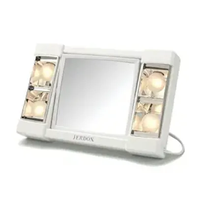 Picture of JERDON Two-Sided Makeup Mirror with Lights - Vanity Mirror with 3X Magnification & Glare-Free Lighting - White Base - Model J1010