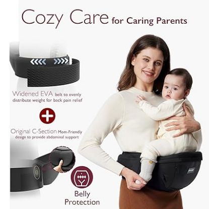 Picture of Momcozy Hip Seat Baby Carrier - Adjustable Waistband with Original 3D Belly Protector, Ergonomic Carrier with Various Pockets for Newborns & Toddlers up to 45lbs (Black, Medium)