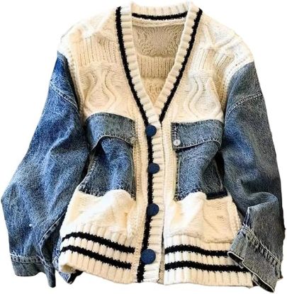 Picture of Women's Patchwork Denim V-Neck Loose Short Sweater-Medium