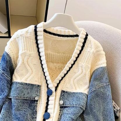Picture of Women's Patchwork Denim V-Neck Loose Short Sweater-Medium