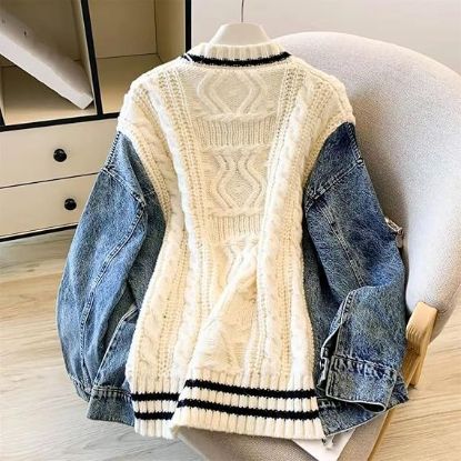 Picture of Women's Patchwork Denim V-Neck Loose Short Sweater-Medium