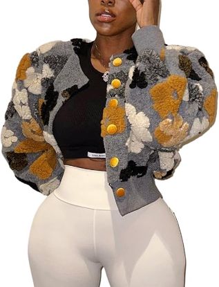 Picture of Womens Cropped Floral Print Jacket-XL-Gray