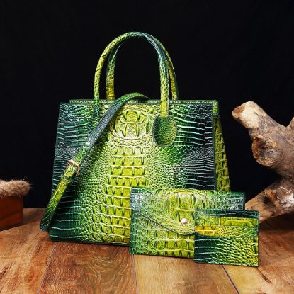 Picture of Embossed Pattern PU Leather Satchel Handbag 3-pc Set - Green