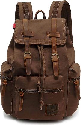 Picture of HuaChen Vintage Canvas Travel Backpack with Leather Trim - Coffee