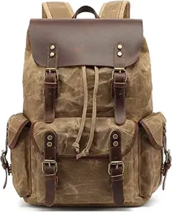 Picture of Waxed Canvas & Leather Backpack for Men & Women - Khaki