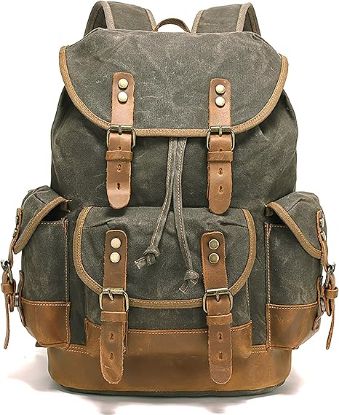 Picture of Vintage Wax-Coated Canvas & Leather Backpack-Army Green with Brown
