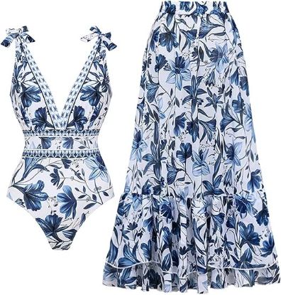 Picture of Women's One Piece Swimsuit and Skirt/ -Blue/White - Size XL