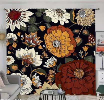 Picture of 2D Flat 2pcs Vintage Floral Pattern Curtains - 39.5 in x 87 in