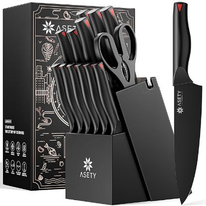 Picture of Asety 15 PC Kitchen Knife Set with Bulti-in Sharpener Block - Black