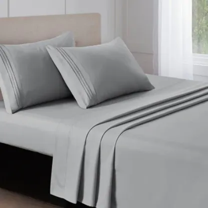 Picture of CozyLux King Size Embroidered Microfiber Bed Sheets Set - Light Grey