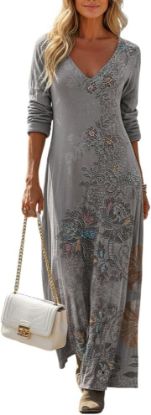 Picture of Women's Boho Print V Neck Maxi Dress - Gray - Size Large