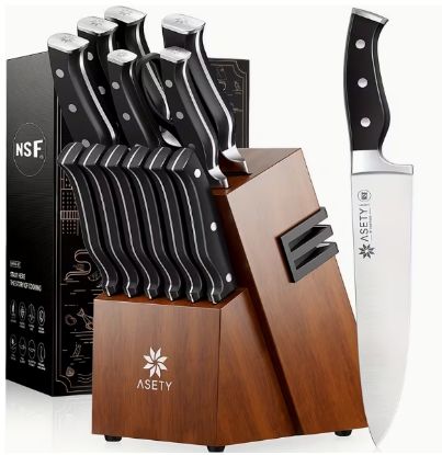 Picture of Asety 15 PC Kitchen Knife Set with Bulti-in Sharpener Block - Wood Block/Black Knife Handles