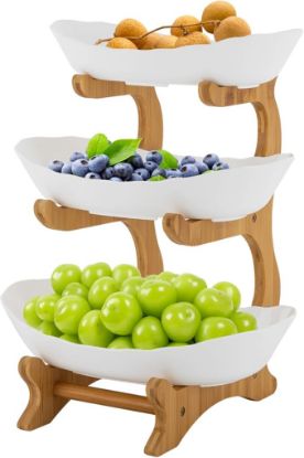 Picture of 3 Tier Fruit Bowl with Bamboo Wood Stand - Wood/White