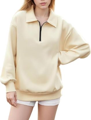 Picture of Women's Oversized Half Zip Pullover - Beige - Size Small