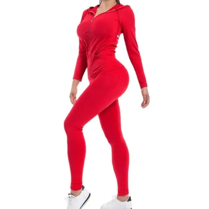 Picture of Women's Solid Zip Up Hooded Jacket & Leggings Set - Red - Size Medium