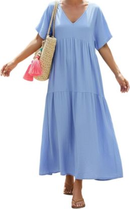 Picture of Women's Summer Beach V Neck Maxi Dress - Light Blue - Size 3XL