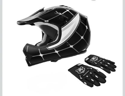 Picture of DOT Youth Kids ATV Motocross Offroad Street Helmet & Gloves - Black Spider - Small 49-50 cm
