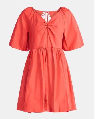 Picture of Time and Tru Women's Cotton Bubble Hem Mini Dress with Puff Sleeves - Ruby Light - Size L (12-14)