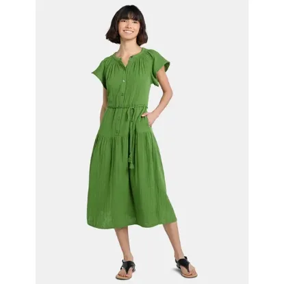Picture of Time and Tru Women's Double Cloth Cotton Midi Dress - Green Valley - Size L (12-14)
