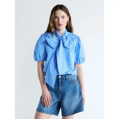 Picture of Women's Free Assembly Cotton Bow Blouse with Short Puff Sleeves - Blue Stripe - Size XL (16-18)