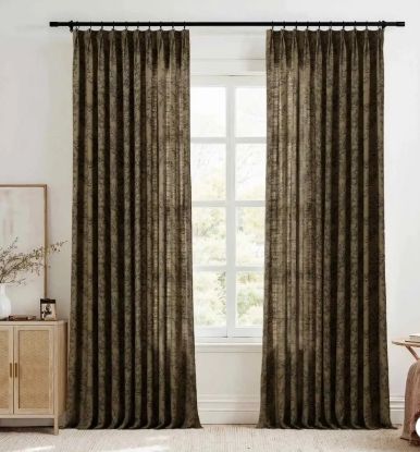 Picture of TWOPAGES Linen Leaves Print Drape Pinch Pleat Light Filtering Curtain - Set of 2 Panels - 52"x108" - Bronze