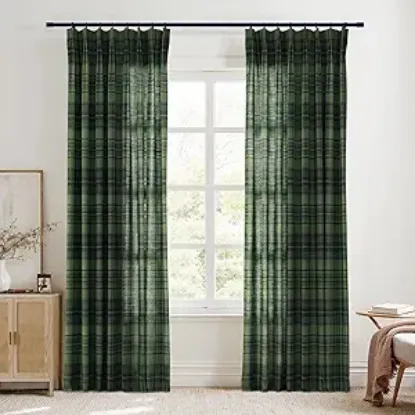 Picture of TWOPAGES Pinch Pleat Plaid Curtain - 1 Panel -52W x 96L inches - Evergreen