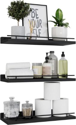 Picture of Set of 3 Floating Shelves with Black Metal Guardrail - Black