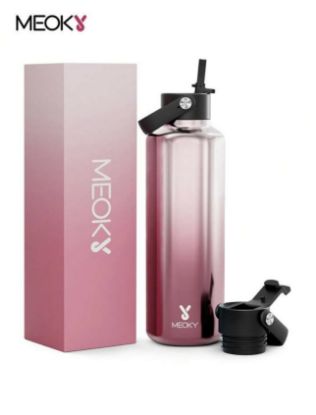 Picture of Meoky 24oz Insulated Water Bottle With Dual Straw Lid - Pink Silver