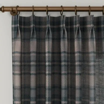 Picture of 2-TwoPages Polyester Linen Pinch Pleated Plaid Drape for Bedroom - Raisin - 26"W x 96"L