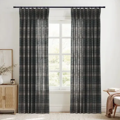 Picture of 2-TwoPages Polyester Linen Pinch Pleated Plaid Drape for Bedroom - Raisin - 26"W x 96"L