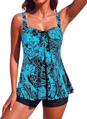 Picture of Women's Hilor 2-pc Tankini Swimsuit with Shorts - Lake Blue Floral - Size US 16
