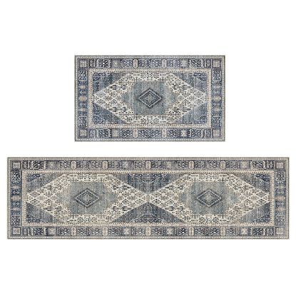 Picture of Genimo 2-pc Anti-Fatigue Kitchen Mat Set - Blue/Cream - 17"x 47" + 17"x 30"